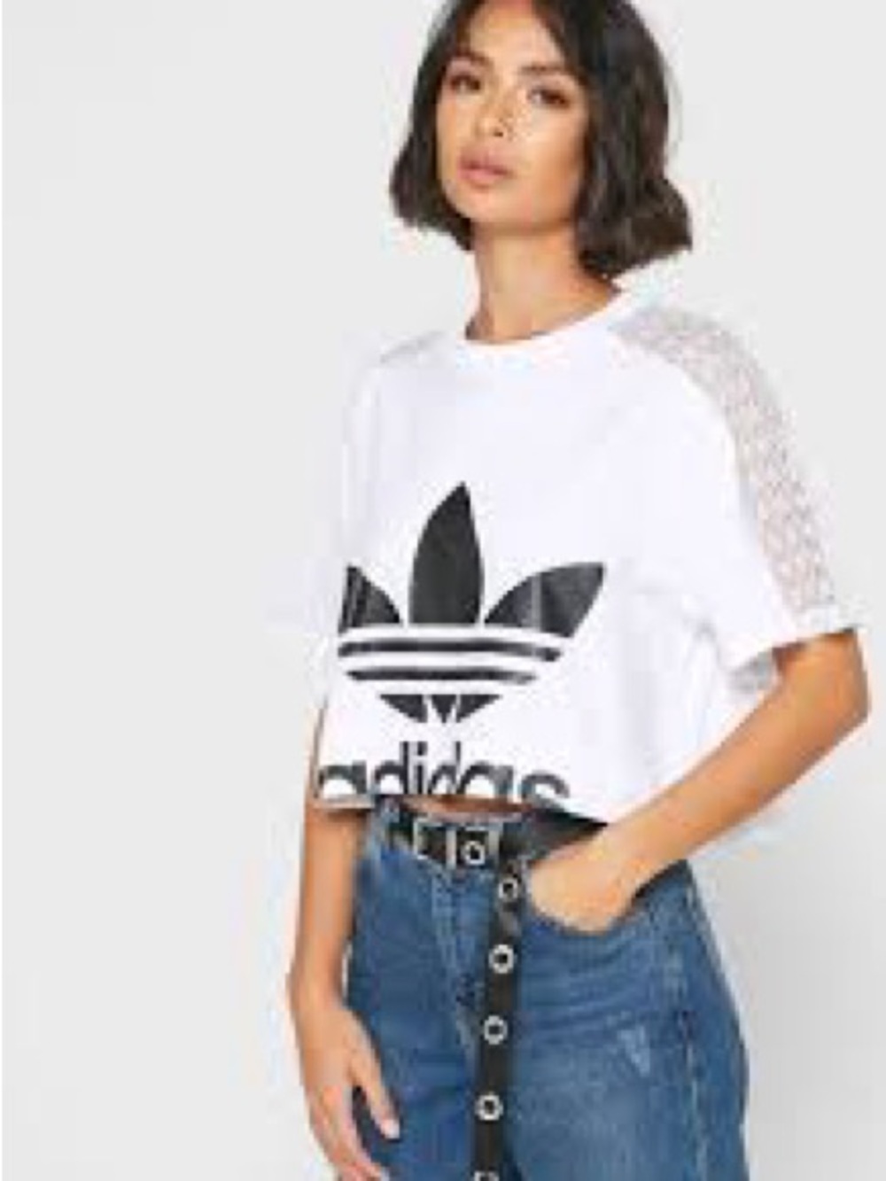 adidas White Cropped Trefoil Tee with Black Logo